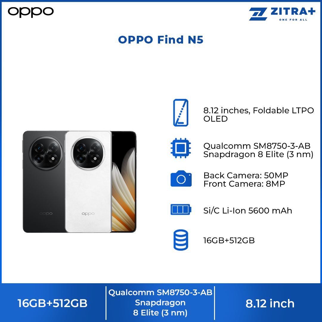 OPPO Find N5 16GB+512GB |  8.12 inches, Foldable LTPO OLED | 50MP Main Camera |  Qualcomm SM8750-3-AB Snapdragon 8 Elite (3 nm) | Si/C Li-Ion 5600 mAh